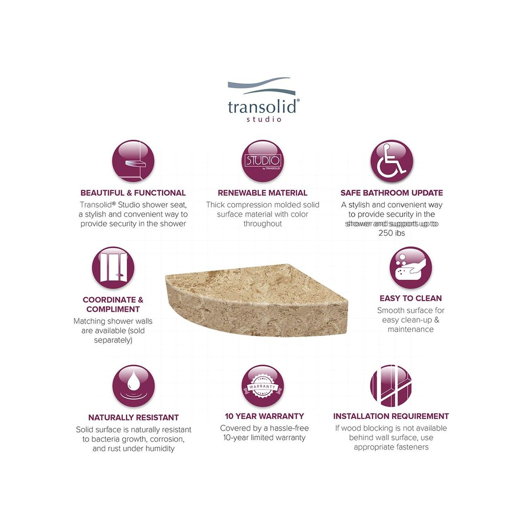 Siège de douche d'angle mural en surface solide Transolid Studio 14 po x 14 po - 14,5 x 14,25 x 3