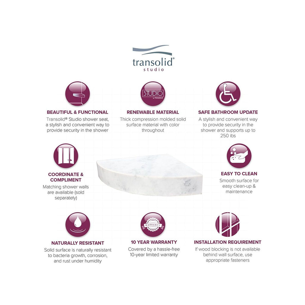 Siège de douche d'angle mural en surface solide Transolid Studio 14 po x 14 po - 14,5 x 14,25 x 3