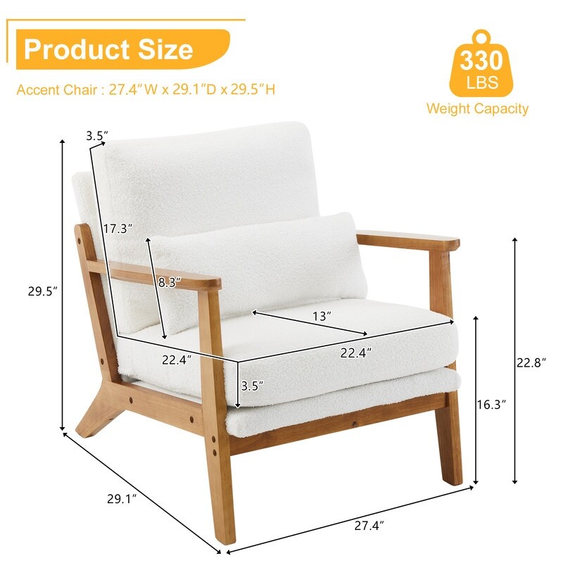 Fauteuil d'appoint rembourré en lin mélangé avec pieds en bois et un coussin beige
