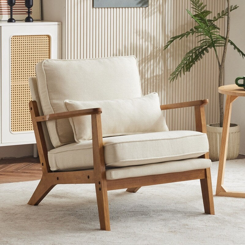 Fauteuil d'appoint rembourré en lin mélangé avec pieds en bois et un coussin beige