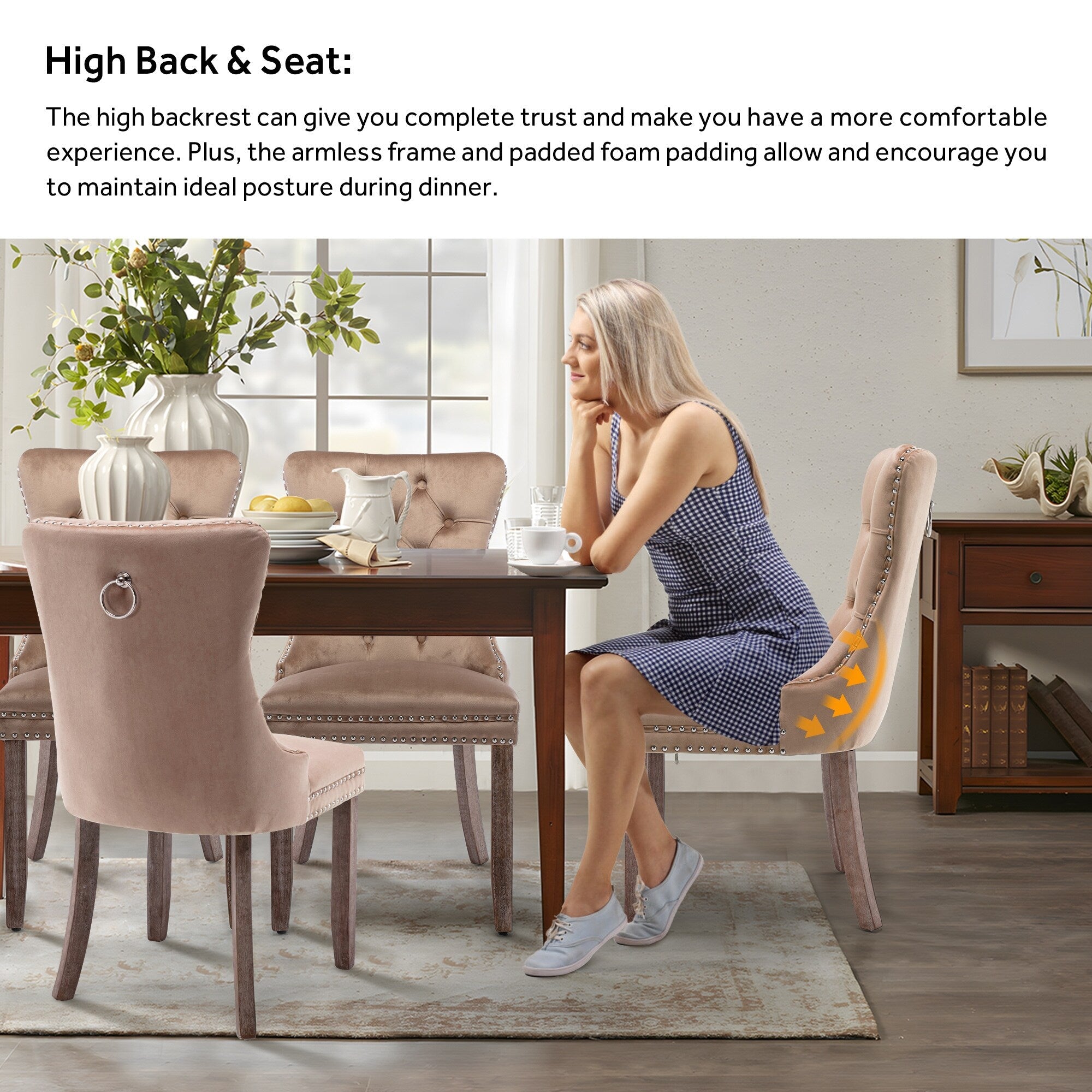 Chaise de salle à manger capitonnée en velours avec pieds en bois massif, lot de 6