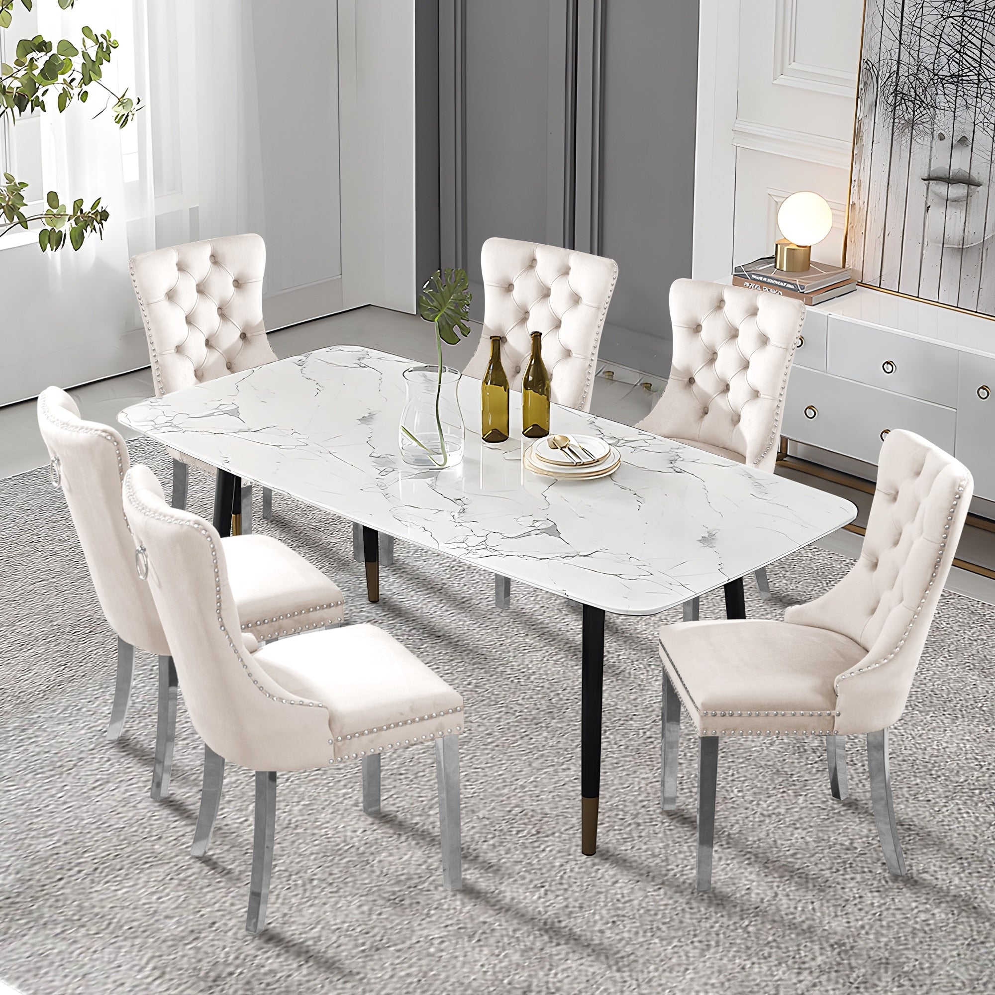 Chaise de salle à manger capitonnée en velours avec pieds en bois massif, lot de 6