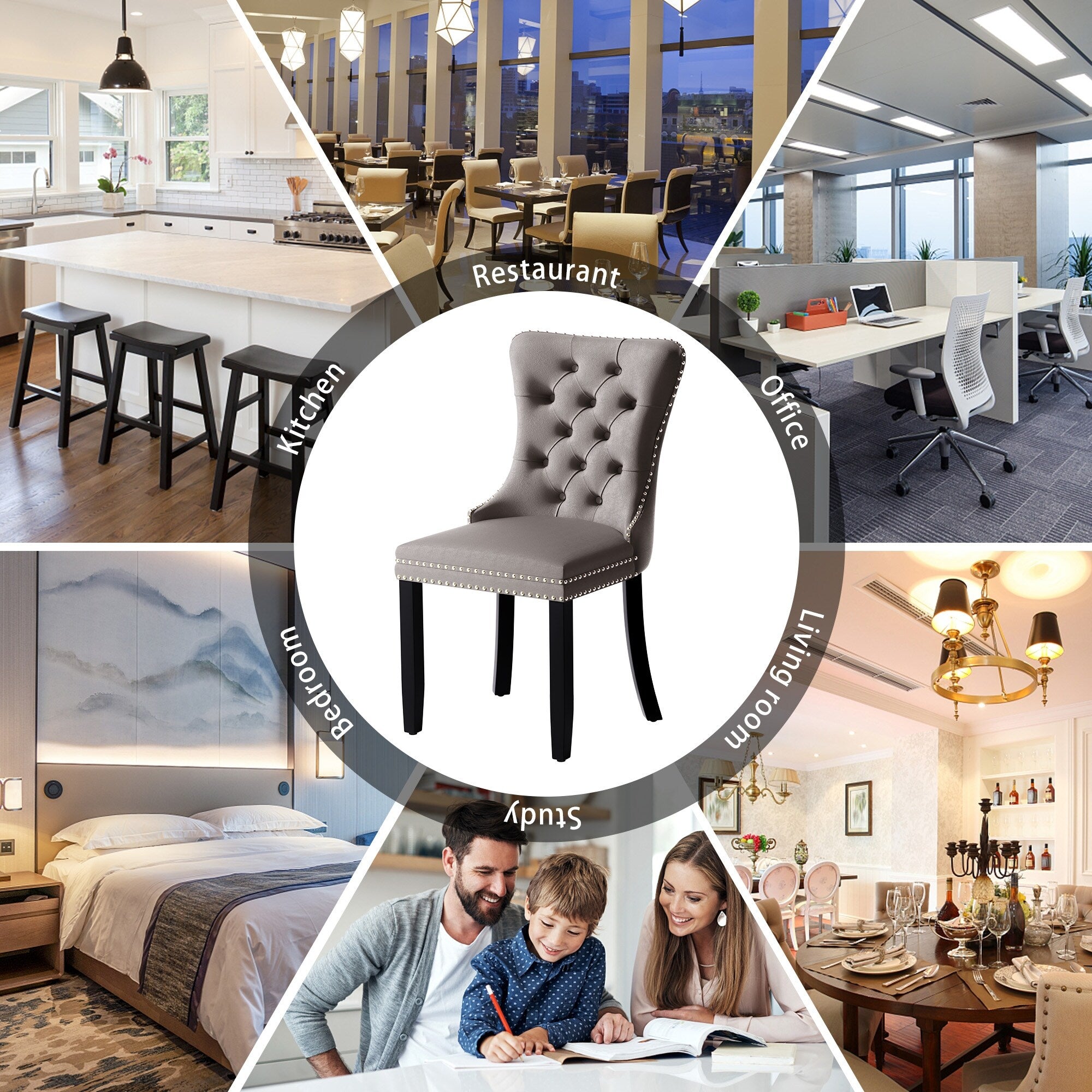 Chaise de salle à manger capitonnée en velours avec pieds en bois massif, lot de 6