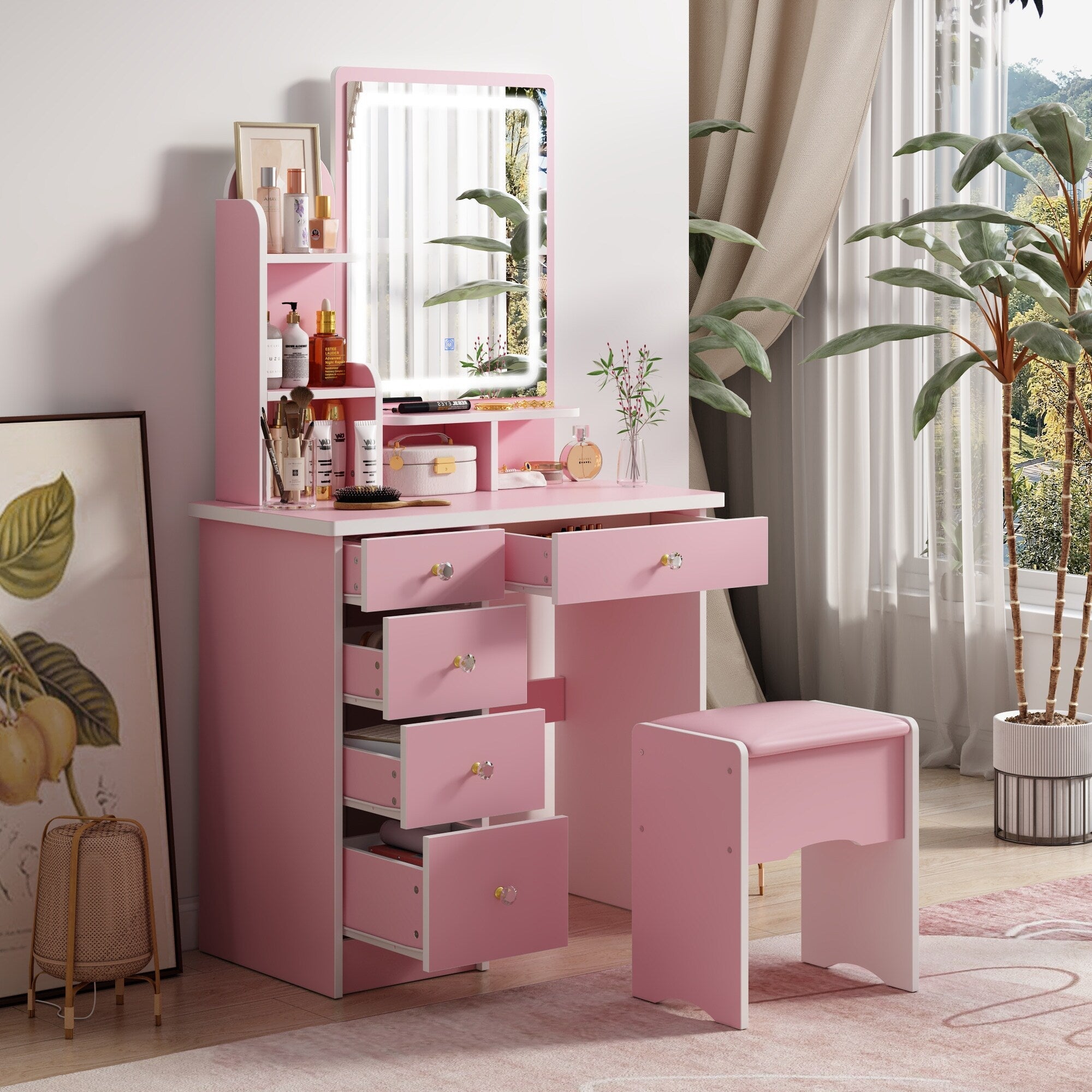 Ensemble de coiffeuse avec miroir et lampe, coiffeuse de maquillage avec tabouret