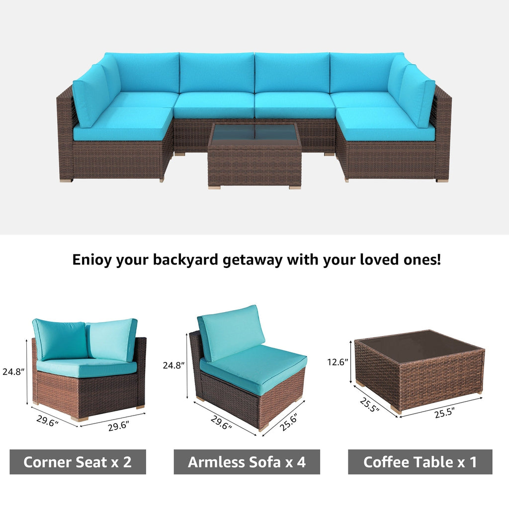 Ensemble de canapés d'extérieur sectionnels rembourrés en osier et acier, 7 pièces