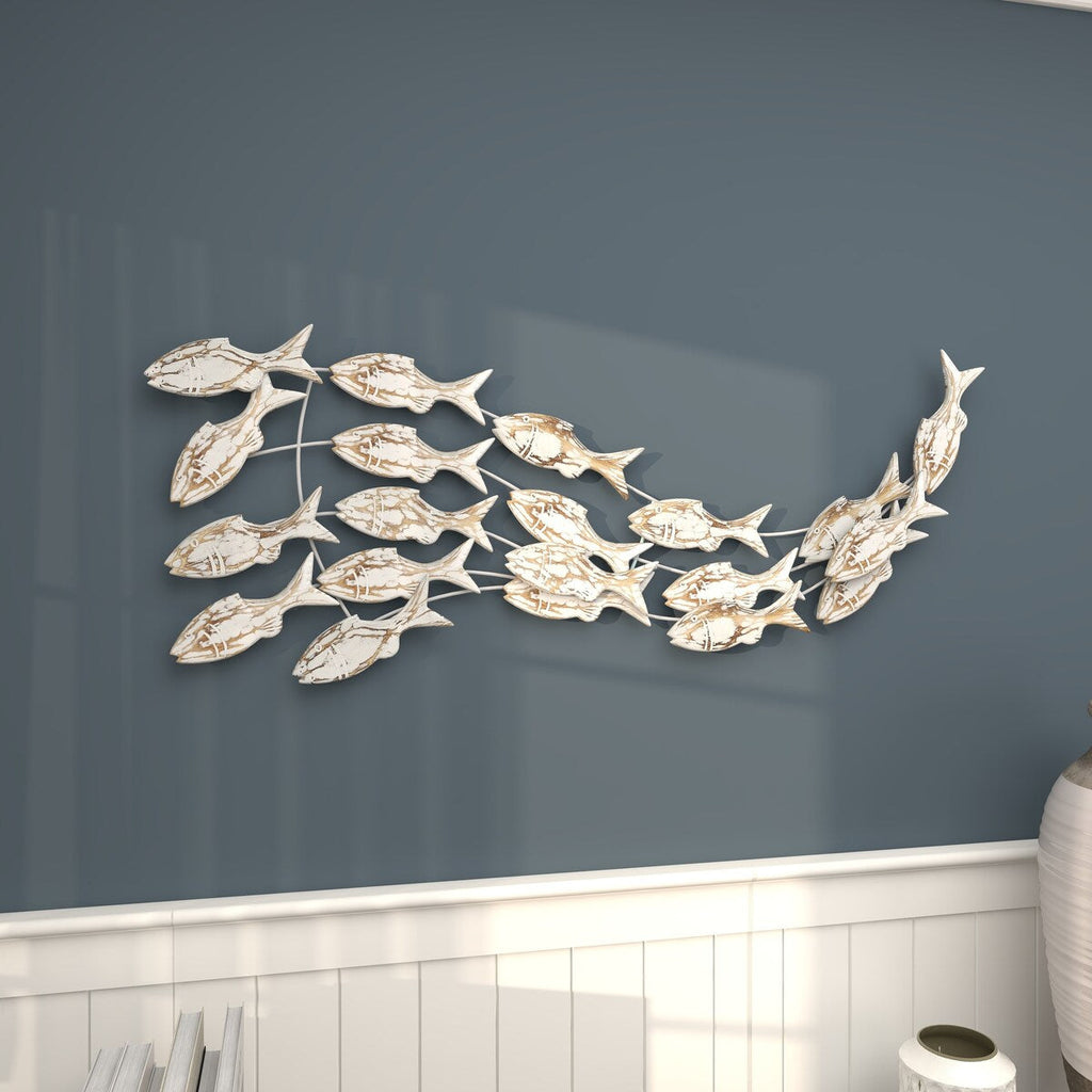 Décoration murale en bois faite main, motif poisson nageur, effet vieilli marron - Blanc - Roche River Decor